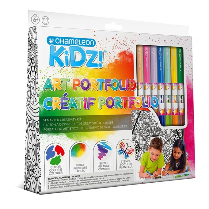 Набор для творчества Chameleon "Портфолио" 14 цветов маркеров, 8 раскрасок, 2 трафарета, аэрограф, папка-раскраска